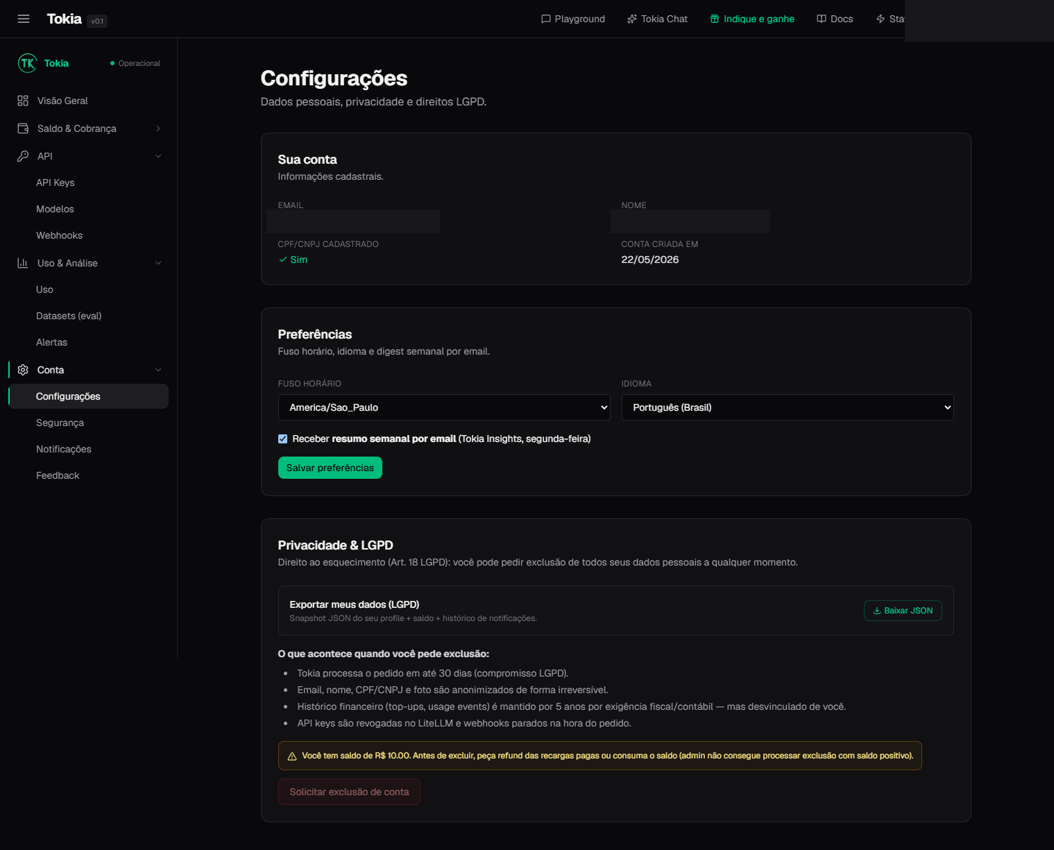 Configurações da conta